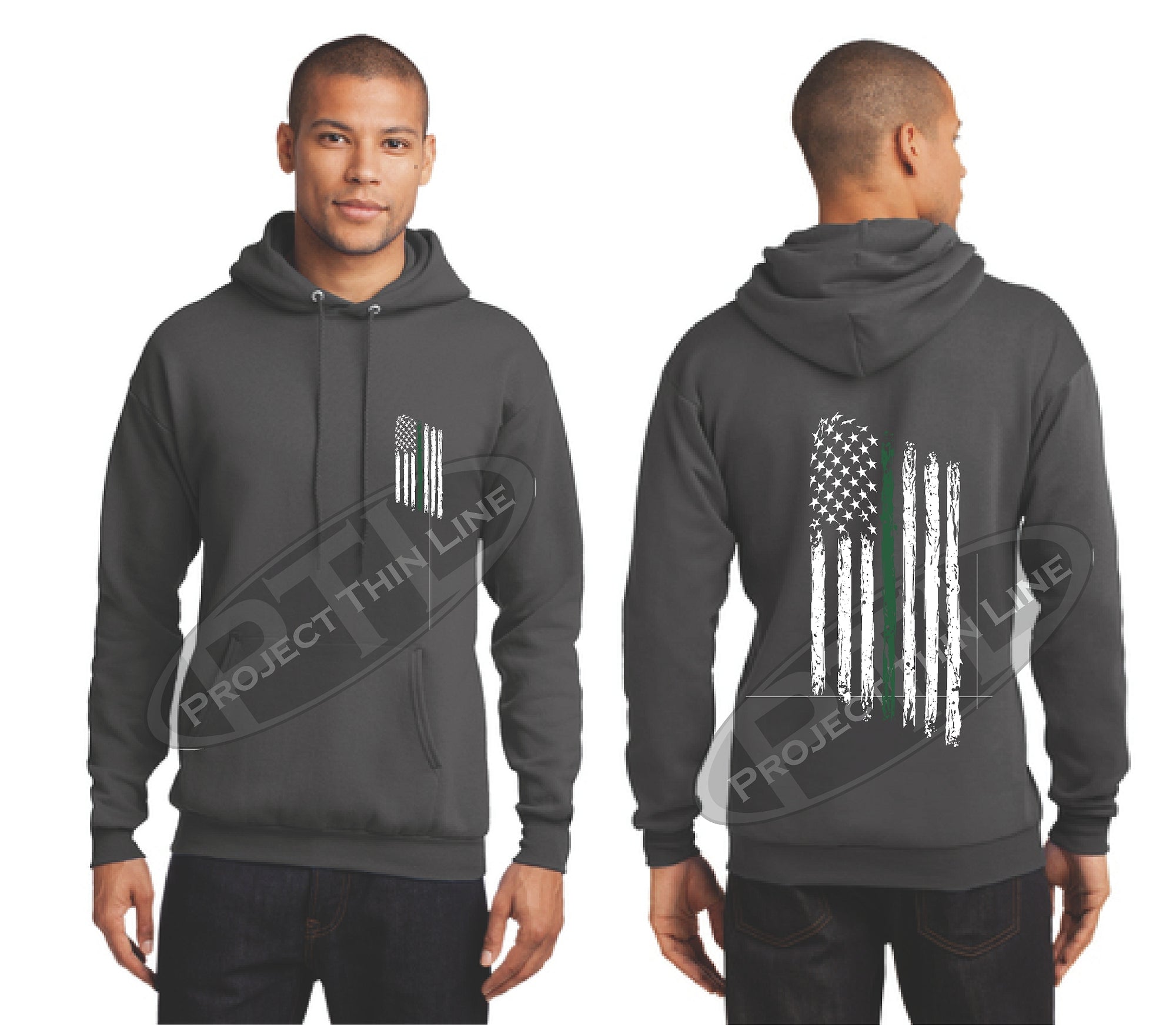 Charcoal Thin Green Line Tattered American Flag Hooded Sweatshirt
