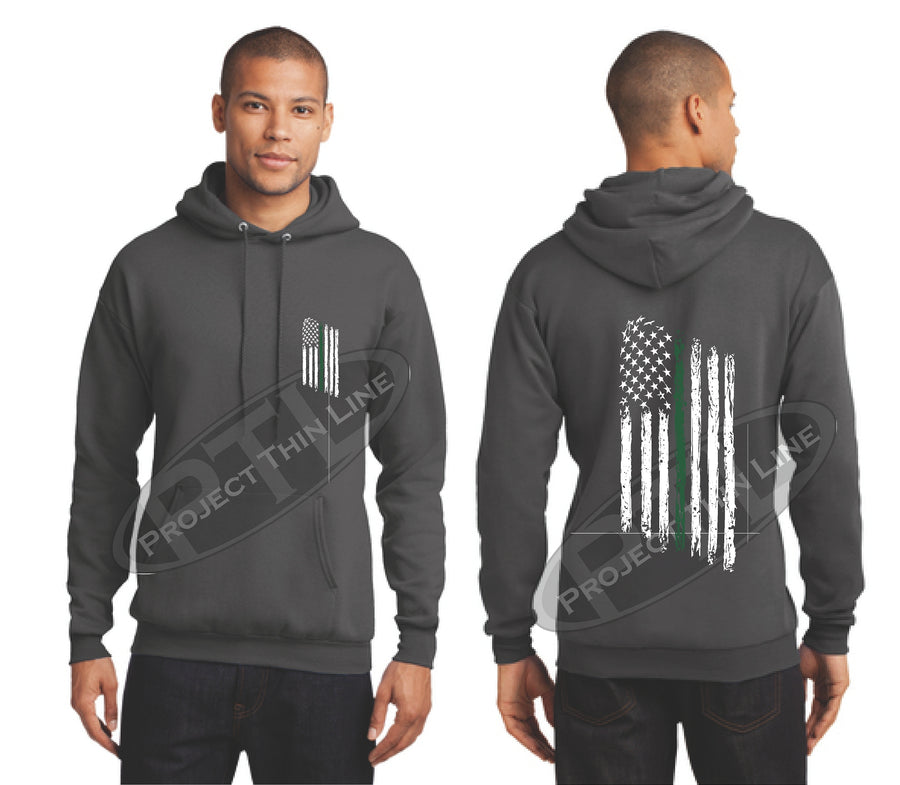 Black Thin Green Line Tattered American Flag Hooded Sweatshirt