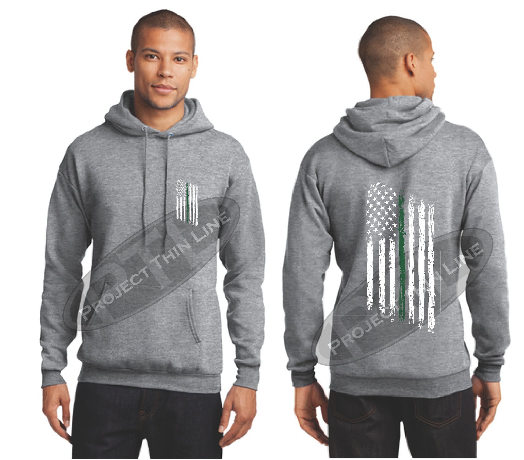 Ash Grey Thin Green Line Tattered American Flag Hooded Sweatshirt