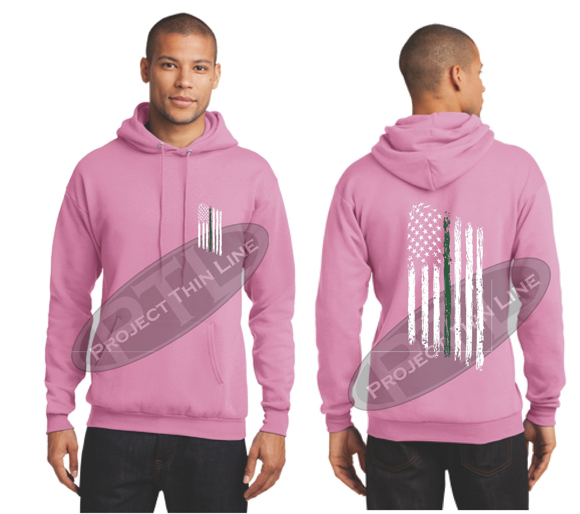 Pink Thin Green Line Tattered American Flag Hooded Sweatshirt