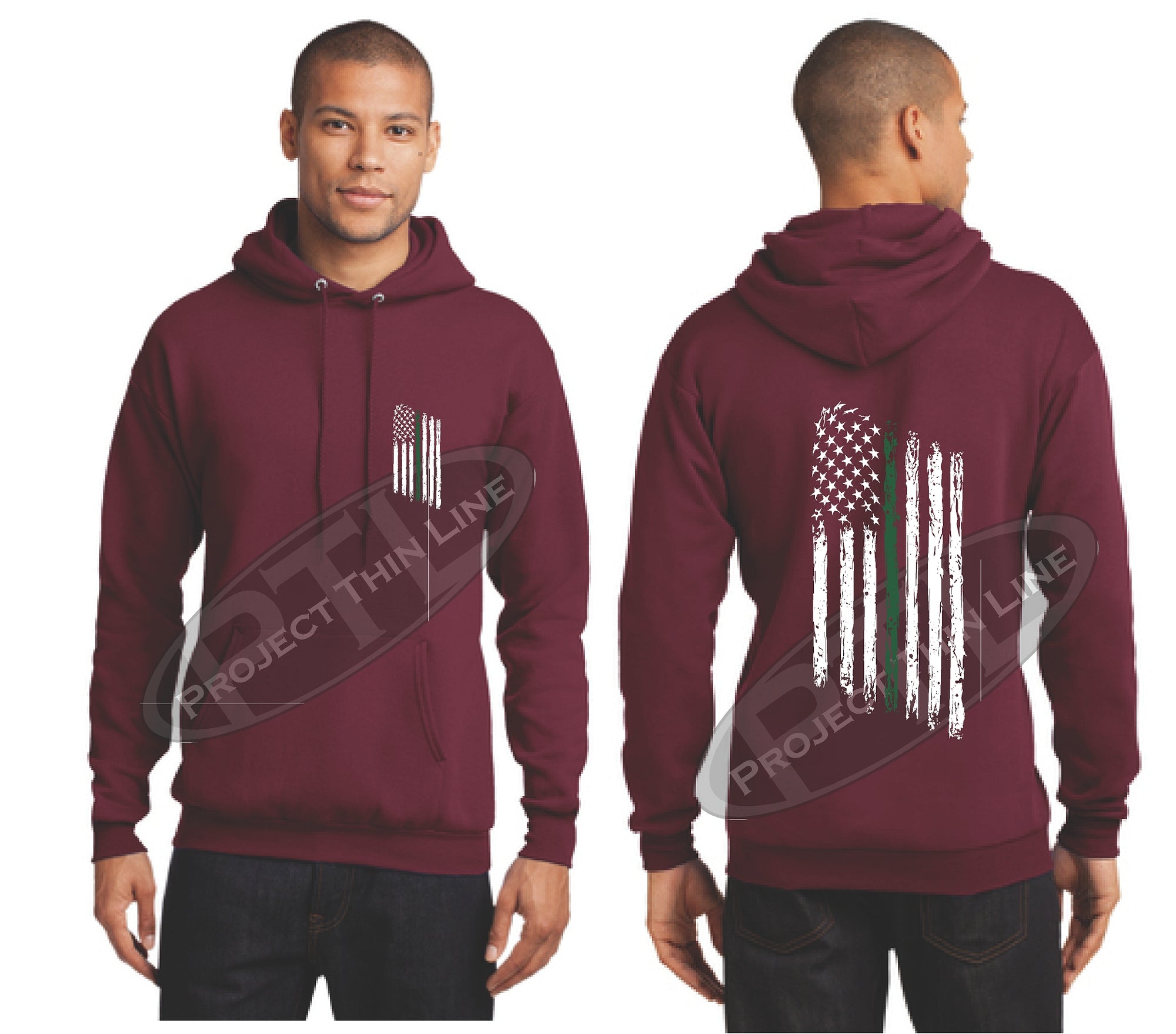 Maroon Thin Green Line Tattered American Flag Hooded Sweatshirt
