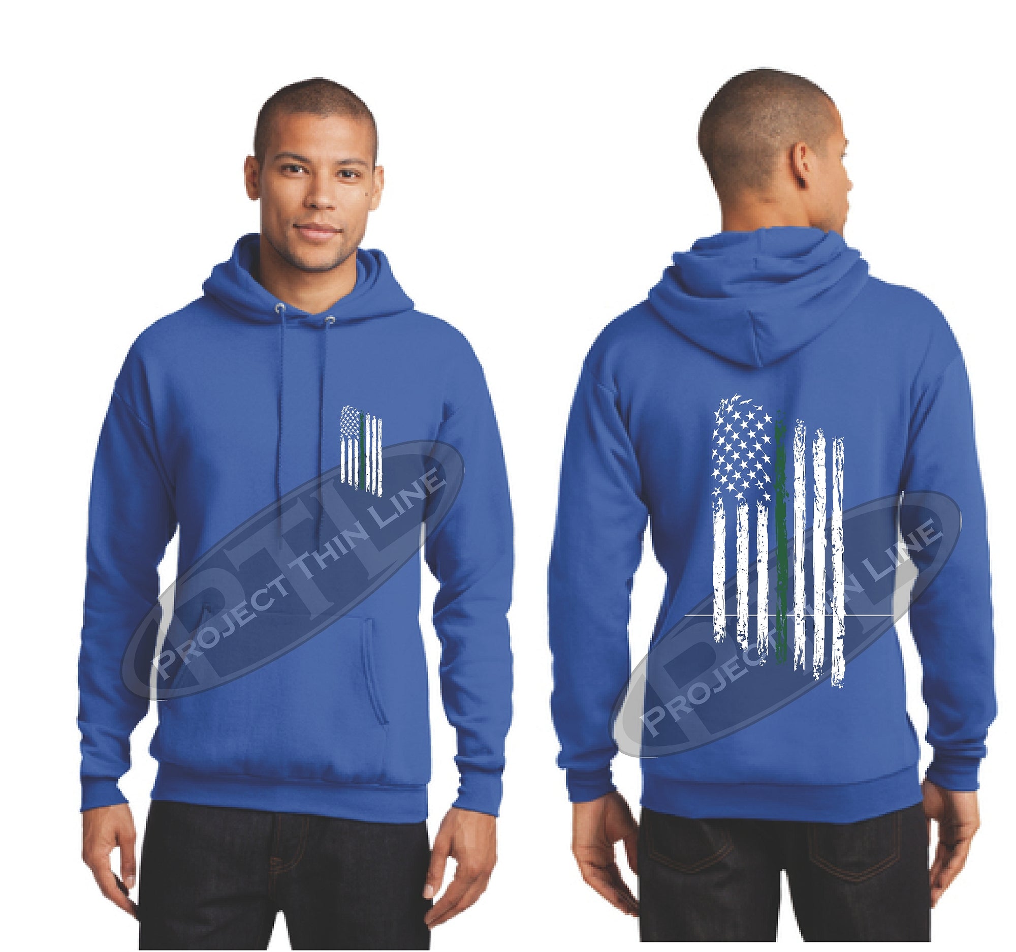 Royal Thin Green Line Tattered American Flag Hooded Sweatshirt