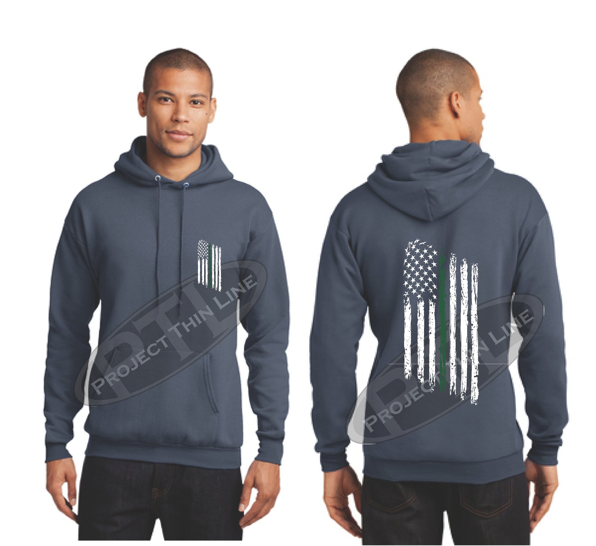 Steel Thin Green Line Tattered American Flag Hooded Sweatshirt