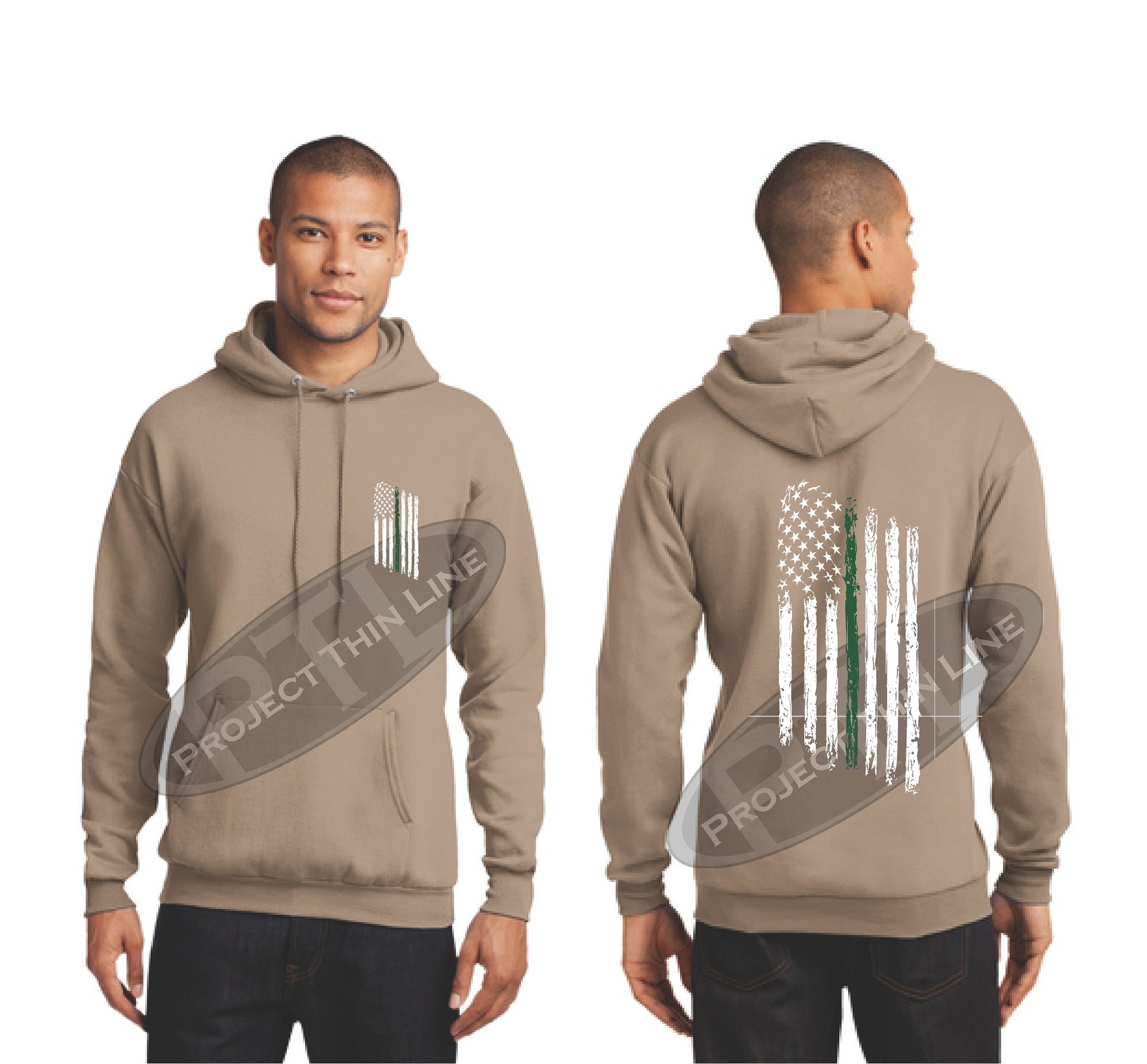 Khaki Thin Green Line Tattered American Flag Hooded Sweatshirt