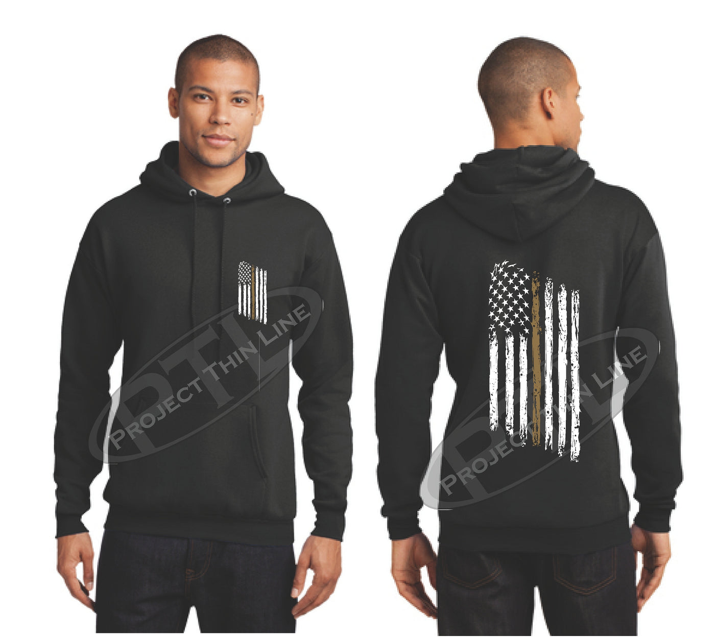 Thin GOLD Line Tattered American Flag Hooded Sweatshirt