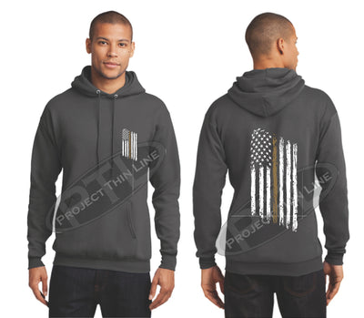 Charcoal Thin GOLD Line Tattered American Flag Hooded Sweatshirt