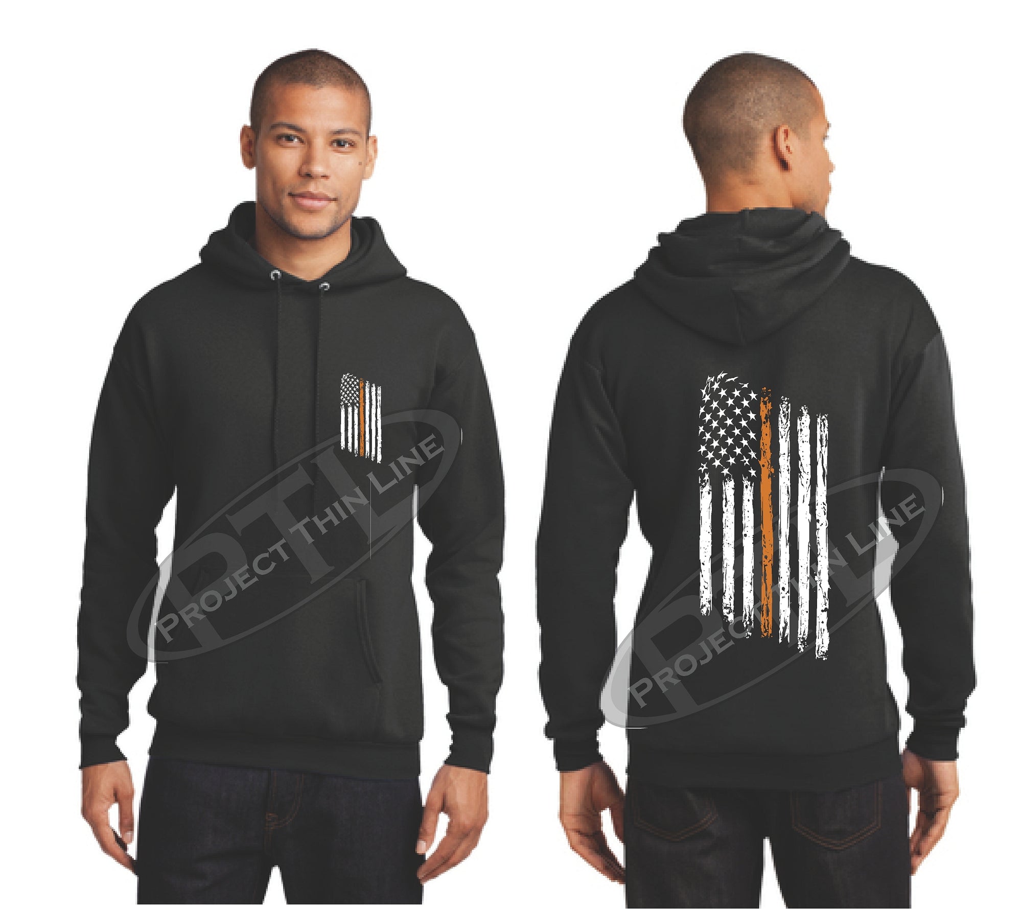 Black Thin ORANGE  Line Tattered American Flag Hooded Sweatshirt