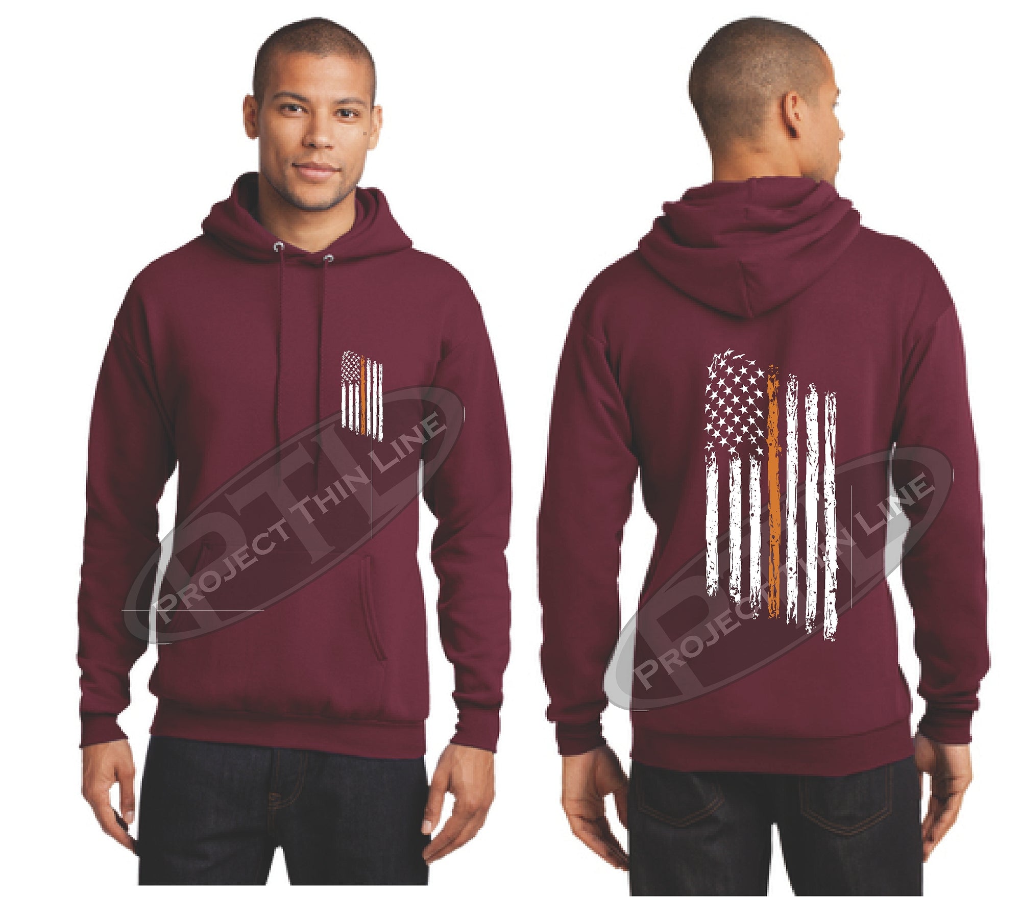 Maroon Thin ORANGE  Line Tattered American Flag Hooded Sweatshirt