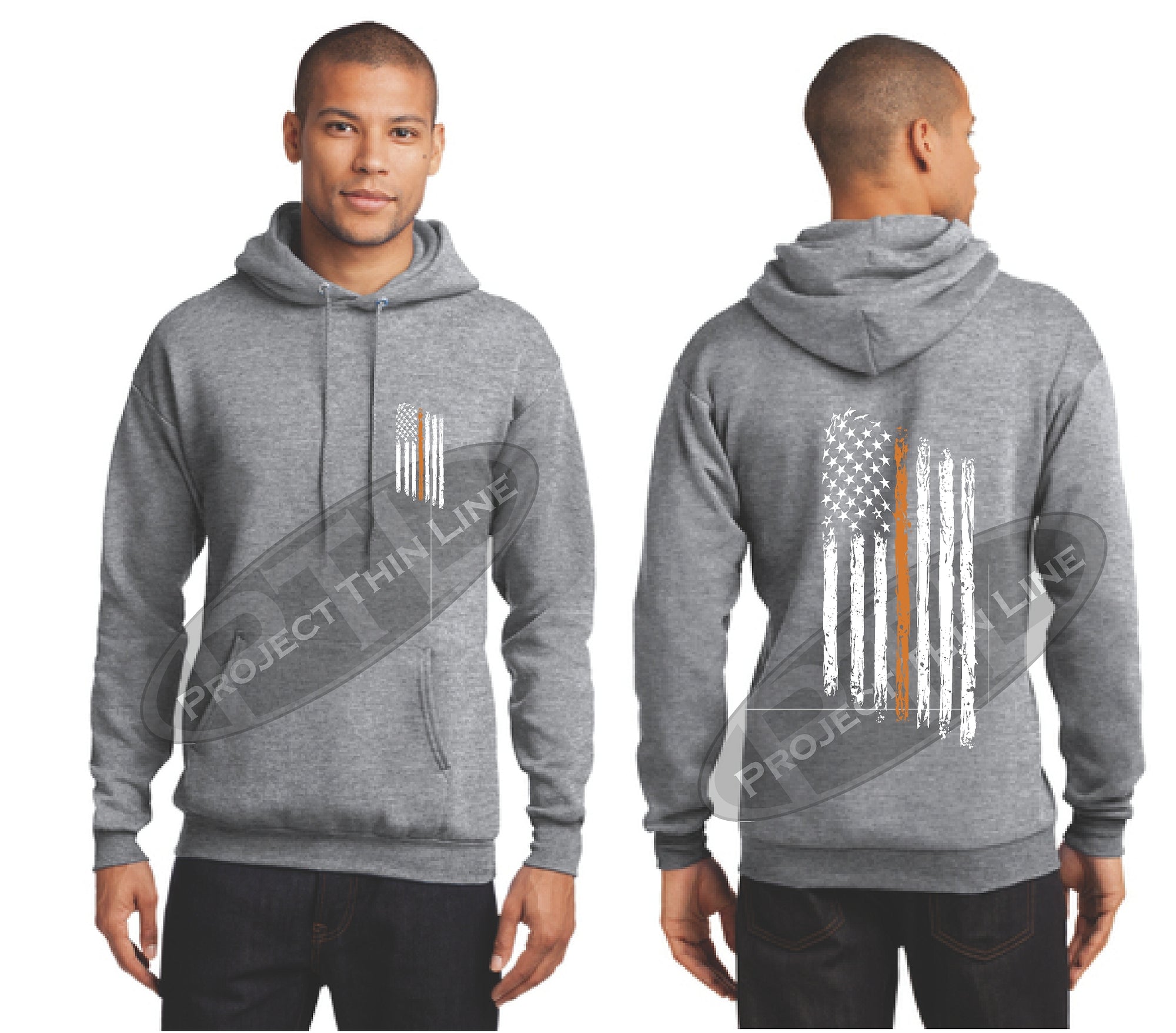 Ash Grey Thin ORANGE  Line Tattered American Flag Hooded Sweatshirt