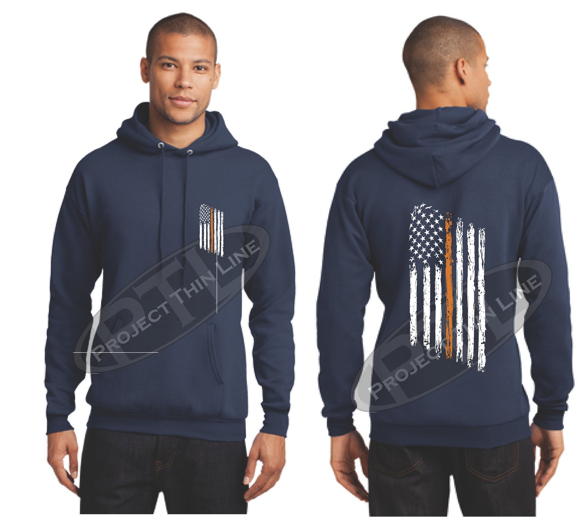 Navy Thin ORANGE  Line Tattered American Flag Hooded Sweatshirt