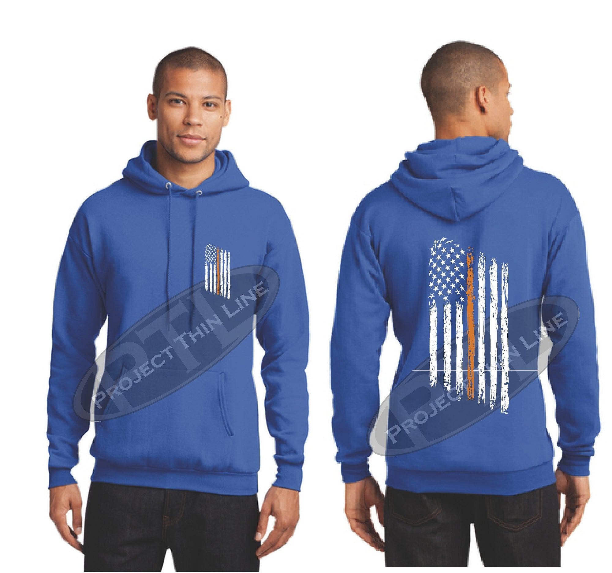 Royal Thin ORANGE  Line Tattered American Flag Hooded Sweatshirt