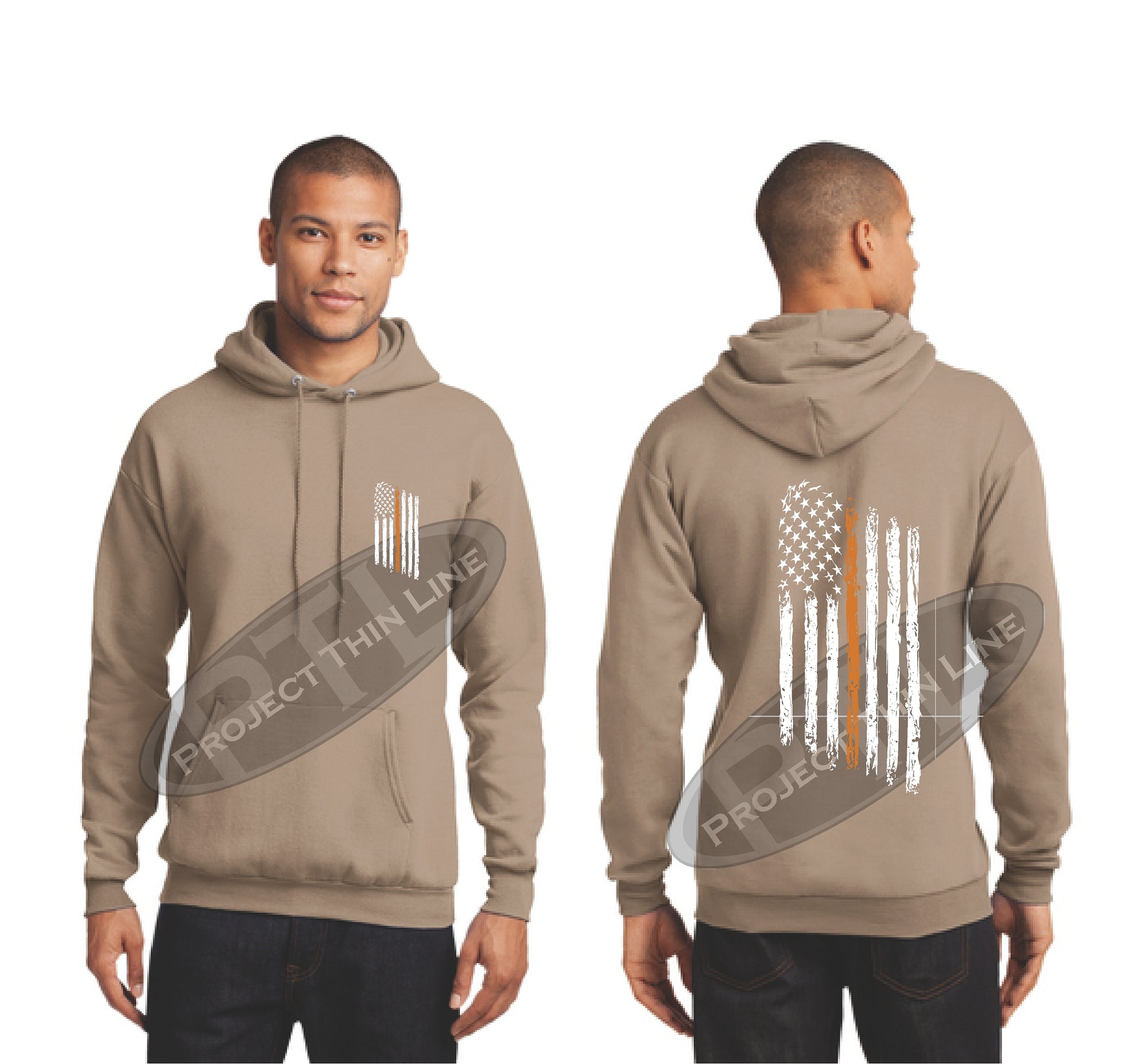 khaki Thin ORANGE  Line Tattered American Flag Hooded Sweatshirt