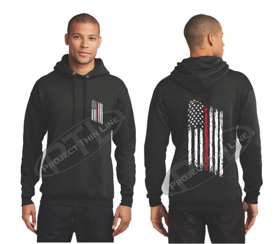 Black Thin RED Line Tattered American Flag Hooded Sweatshirt