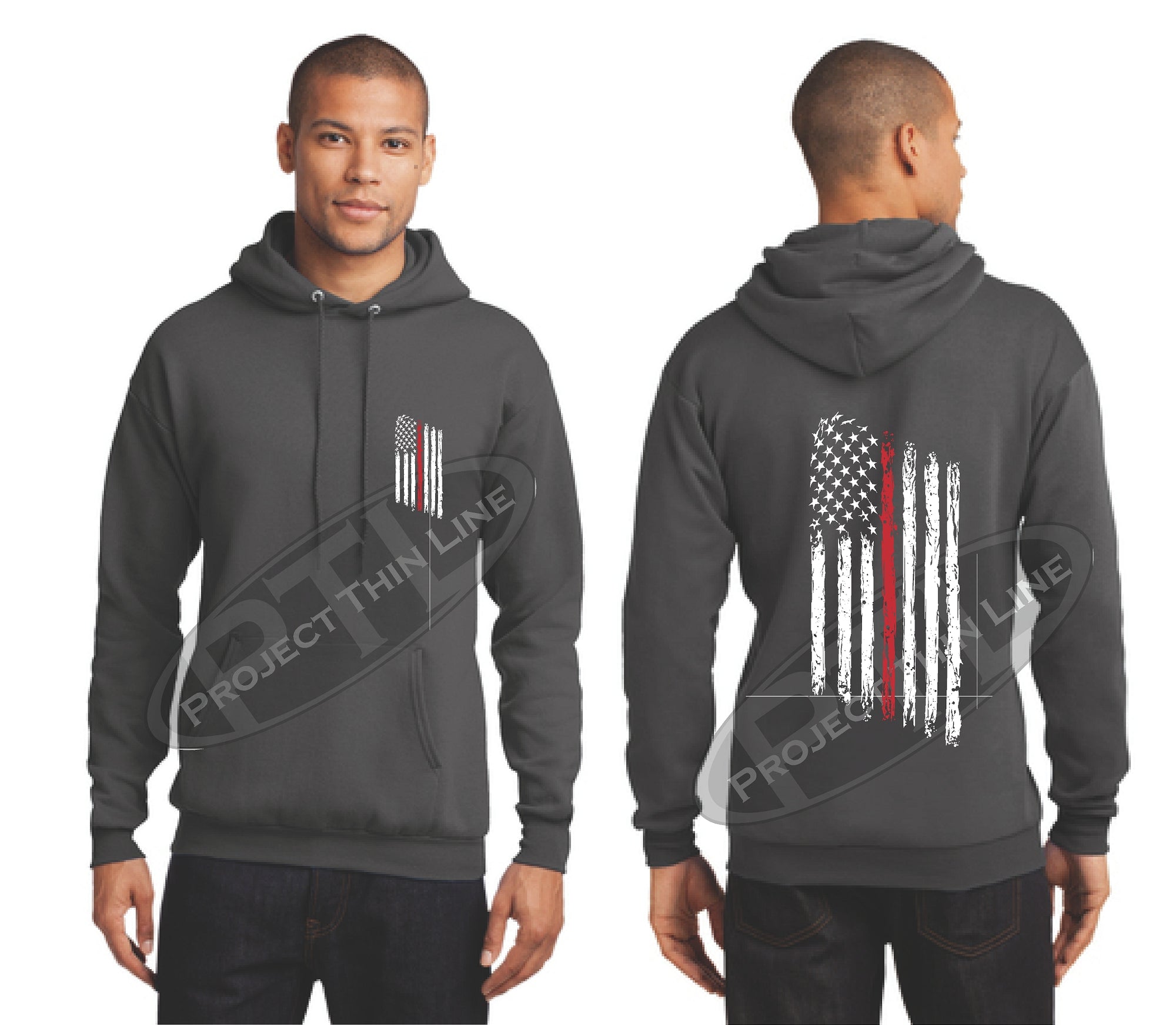 Charcoal Thin RED Line Tattered American Flag Hooded Sweatshirt