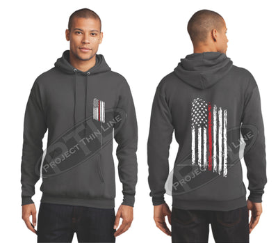 Charcoal Thin RED Line Tattered American Flag Hooded Sweatshirt