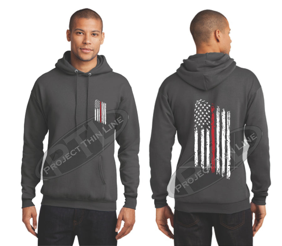 Black Thin RED Line Tattered American Flag Hooded Sweatshirt