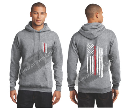 Ash Grey Thin RED Line Tattered American Flag Hooded Sweatshirt
