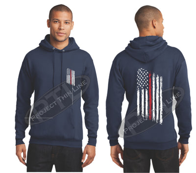 Navy Thin RED Line Tattered American Flag Hooded Sweatshirt