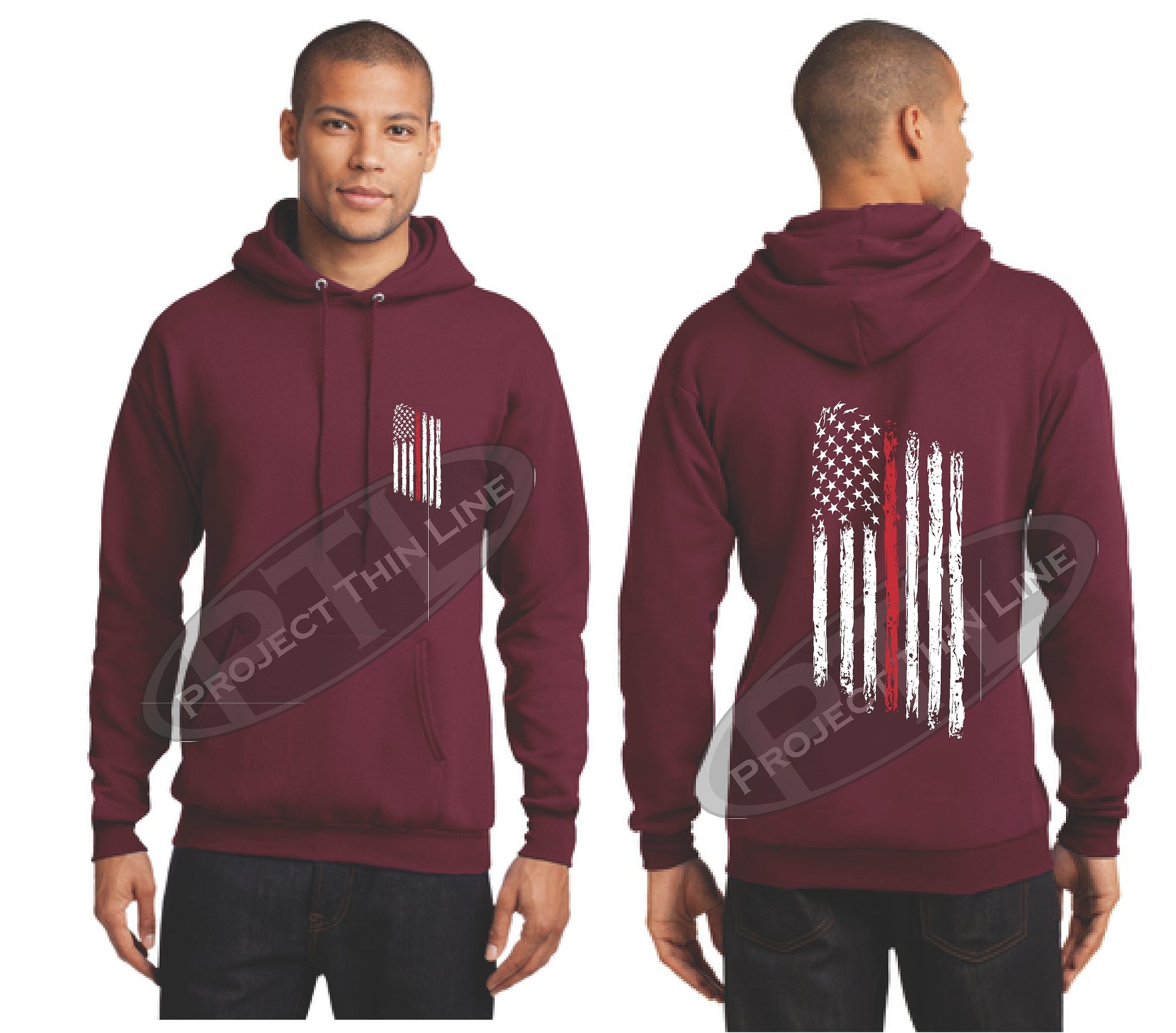 Maroon Thin RED Line Tattered American Flag Hooded Sweatshirt