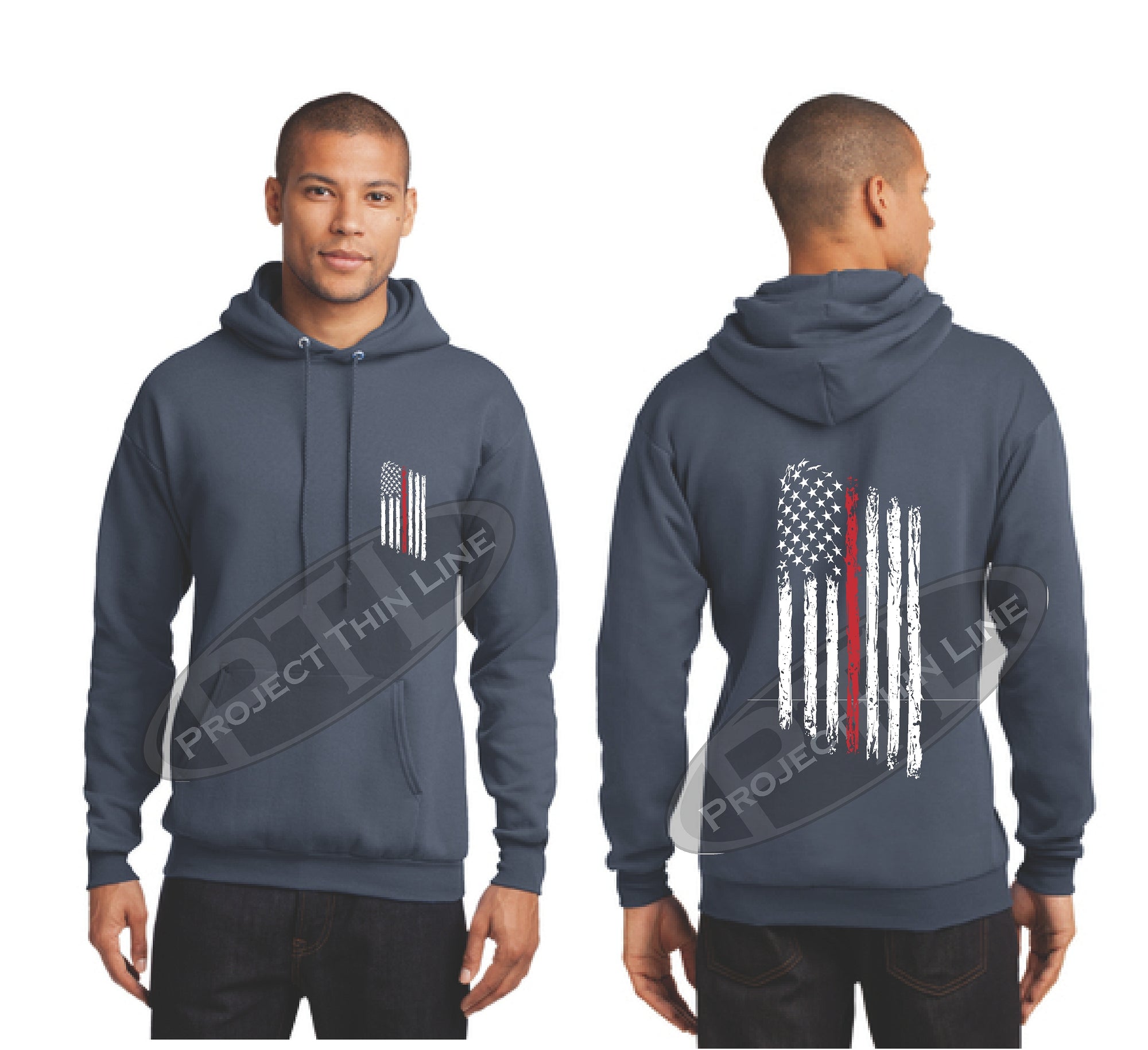 Steel Blue Thin RED Line Tattered American Flag Hooded Sweatshirt