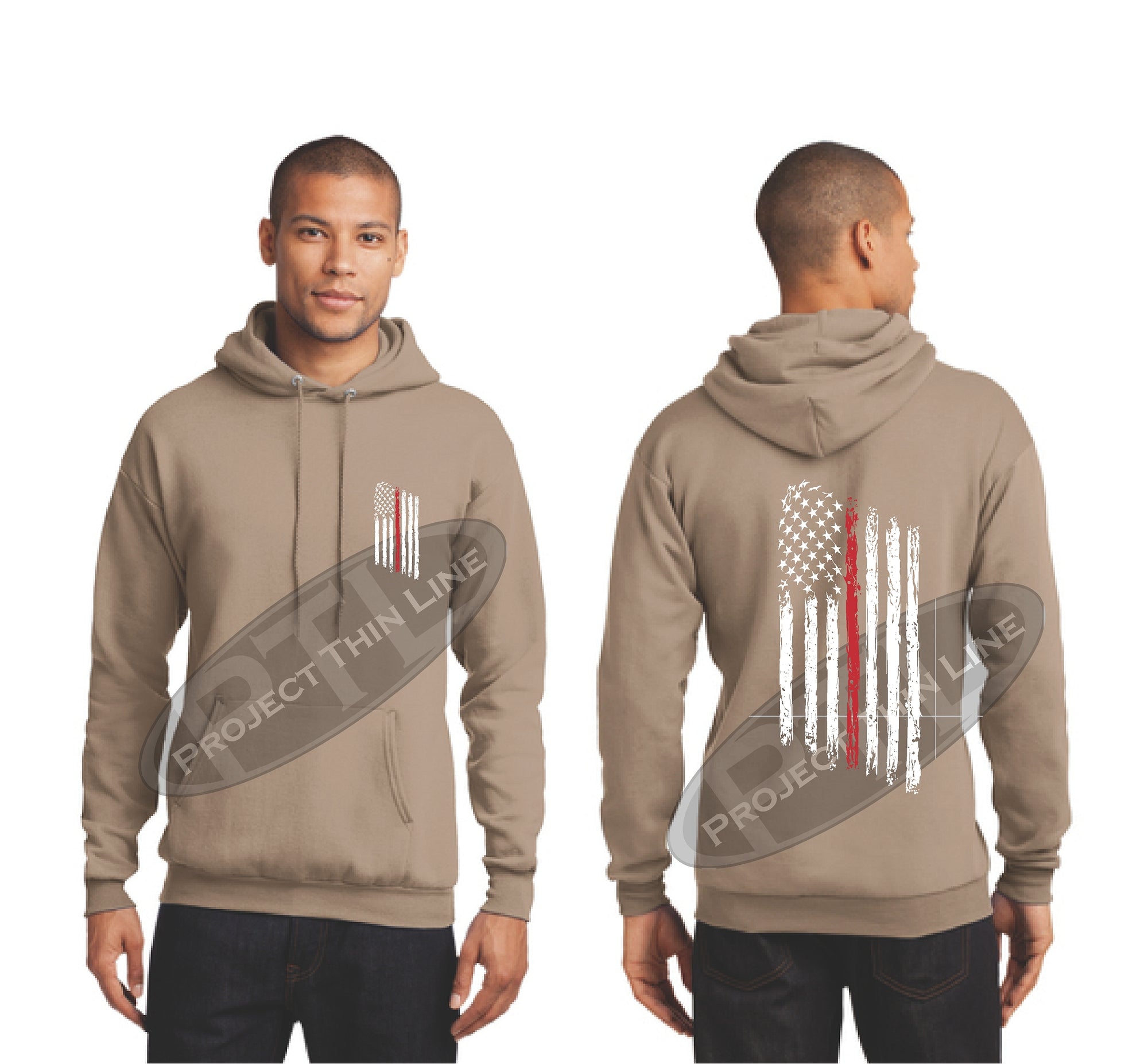 Khaki Thin RED Line Tattered American Flag Hooded Sweatshirt
