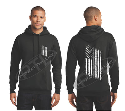Black Thin SILVER Line Tattered American Flag Hooded Sweatshirt