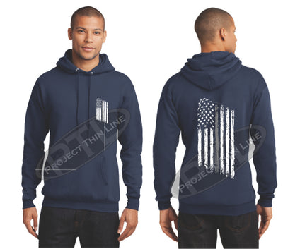 Navy Thin SILVER Line Tattered American Flag Hooded Sweatshirt