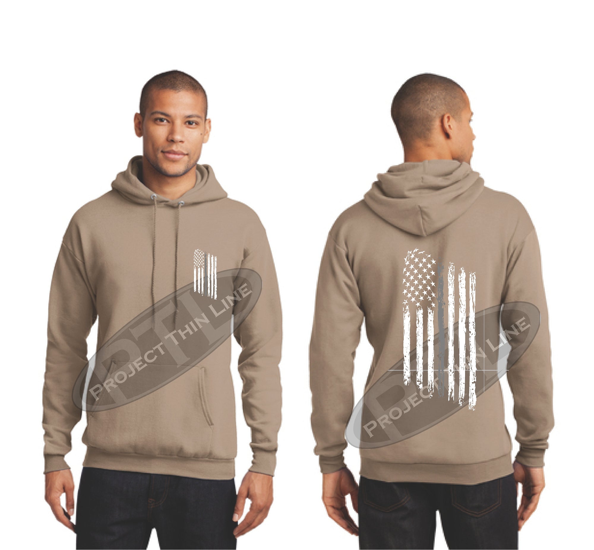 Khaki Thin SILVER Line Tattered American Flag Hooded Sweatshirt