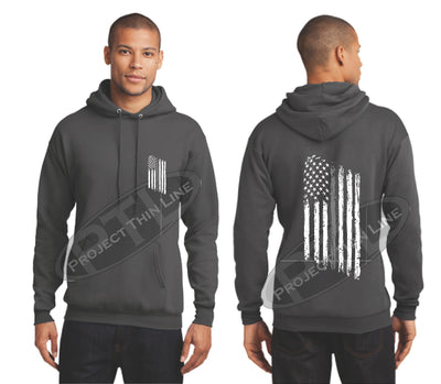 Charcoal Thin SILVER Line Tattered American Flag Hooded Sweatshirt
