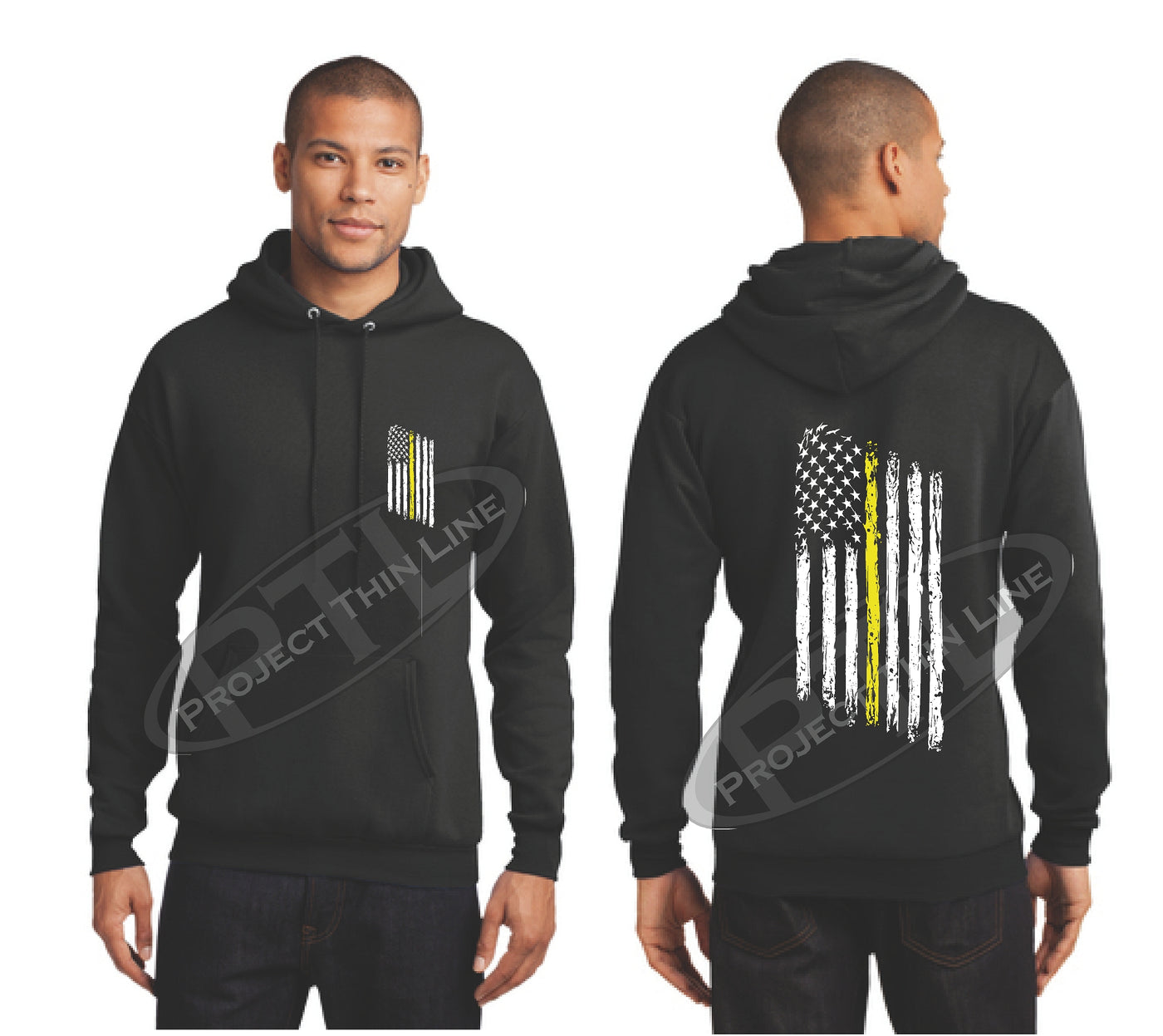 Thin Yellow Line Tattered American Flag Hooded Sweatshirt