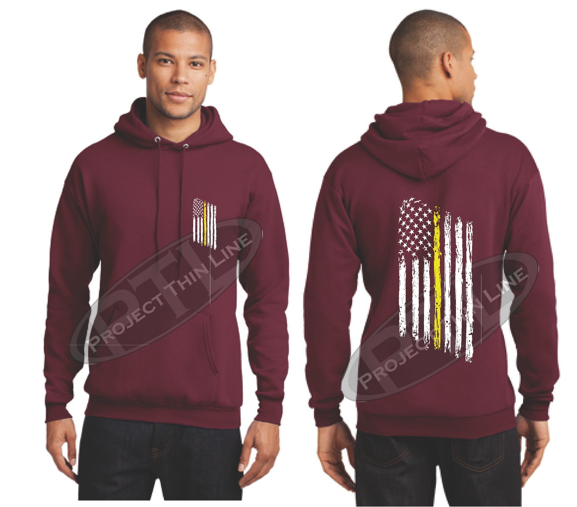 Maroon Thin Yellow Line Tattered American Flag Hooded Sweatshirt