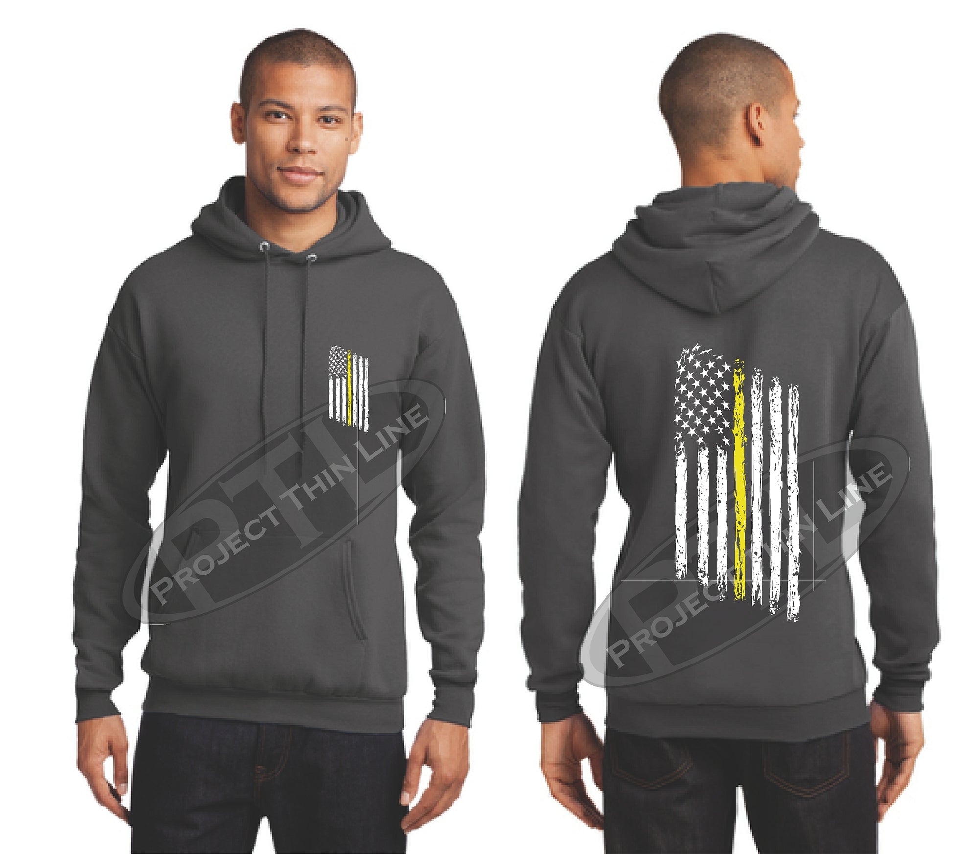 Charcoal Thin Yellow Line Tattered American Flag Hooded Sweatshirt