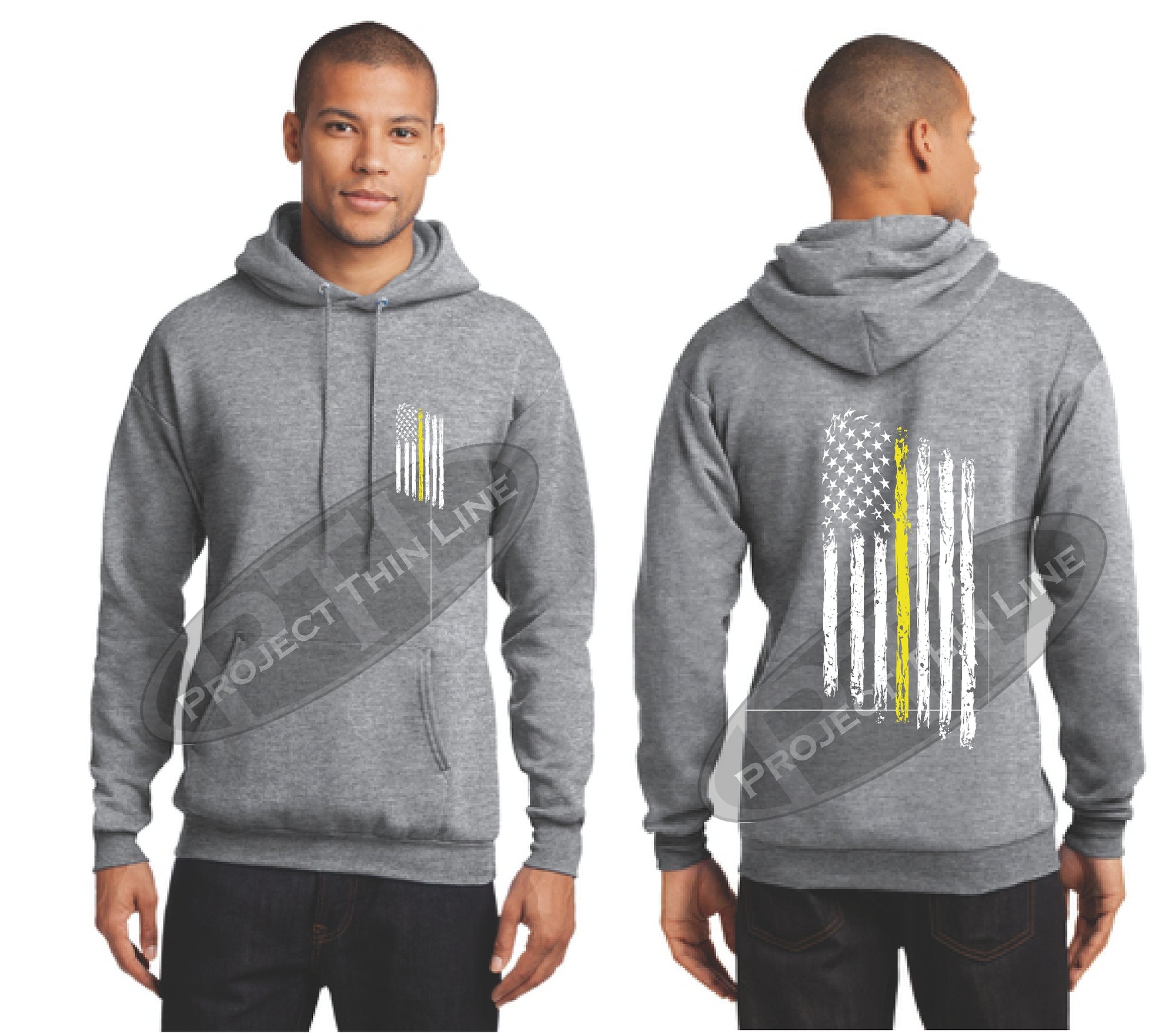 Ash Grey Thin Yellow Line Tattered American Flag Hooded Sweatshirt