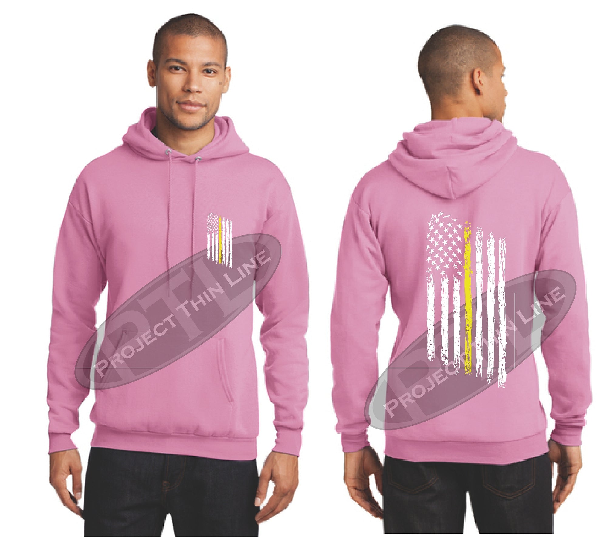 Pink Thin Yellow Line Tattered American Flag Hooded Sweatshirt