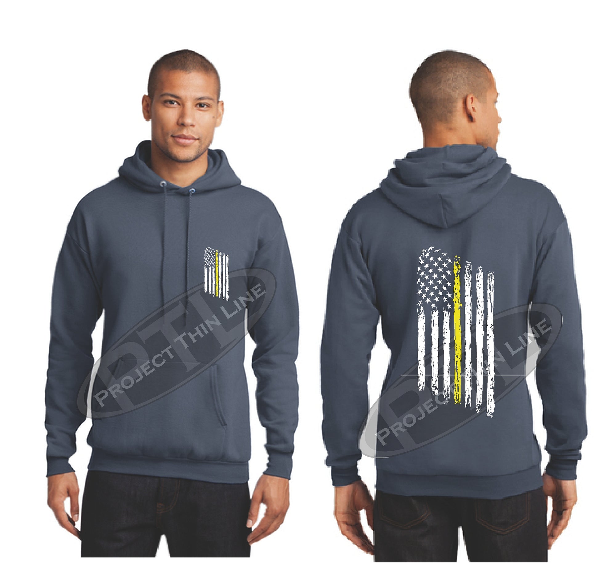 Steel Blue Thin Yellow Line Tattered American Flag Hooded Sweatshirt