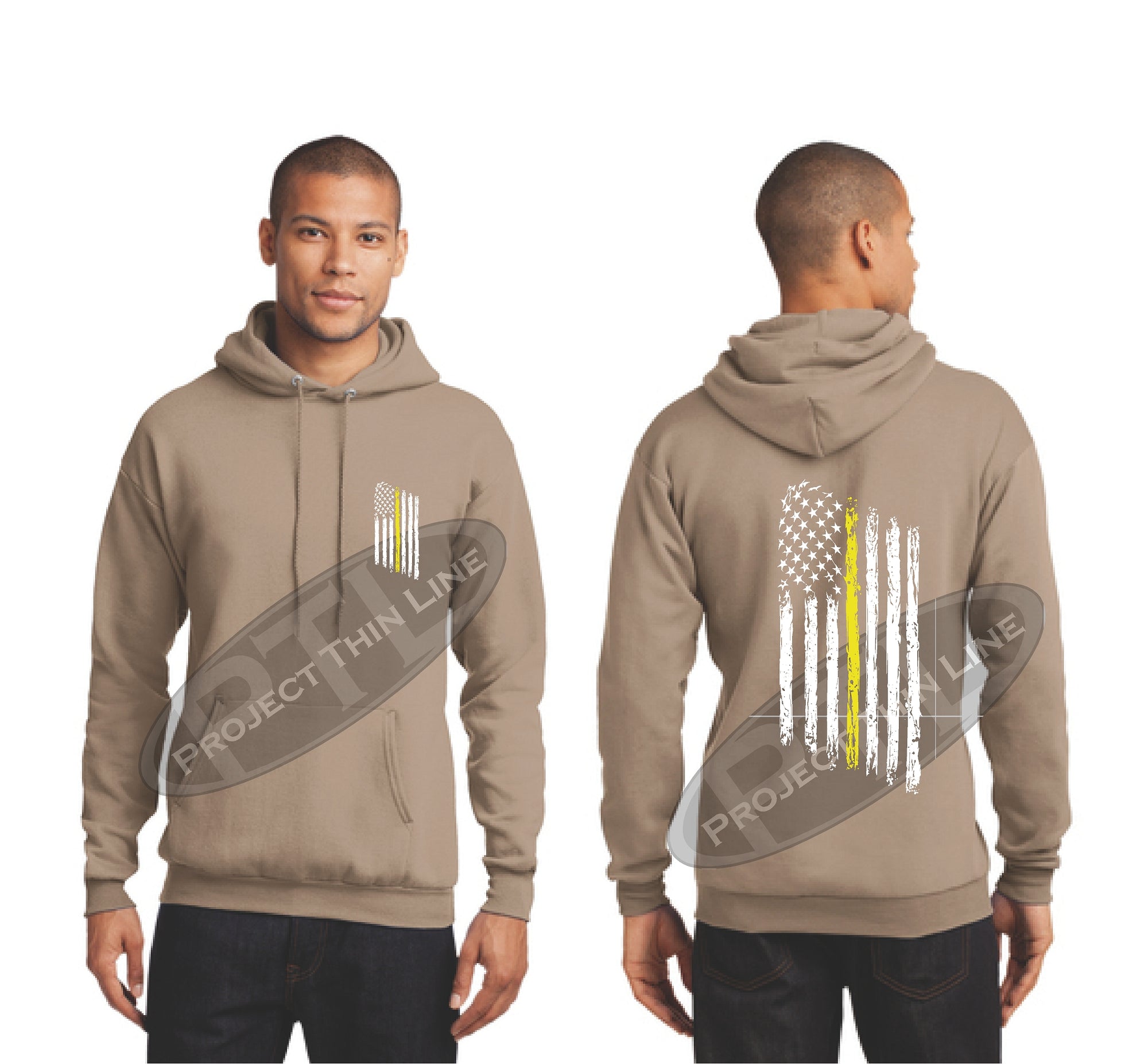 Khaki Thin Yellow Line Tattered American Flag Hooded Sweatshirt