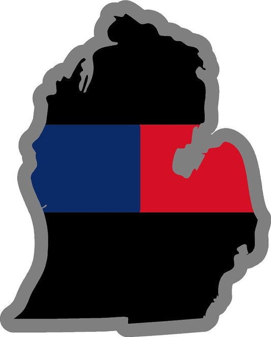 5" Michigan MI Thin Blue / Red Line Black State Shape Sticker