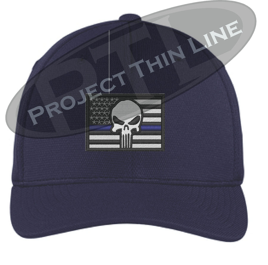 Embroidered Thin Blue American Flag - Skull Flex Fit Fitted TRUCKER Hat