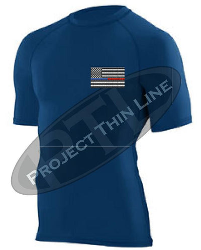 NAVY Embroidered Thin Blue / RED Line American Flag Short Sleeve Compression Shirt