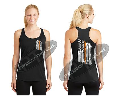 Black Tattered Thin Orange Line American Flag Racerback Tank Top