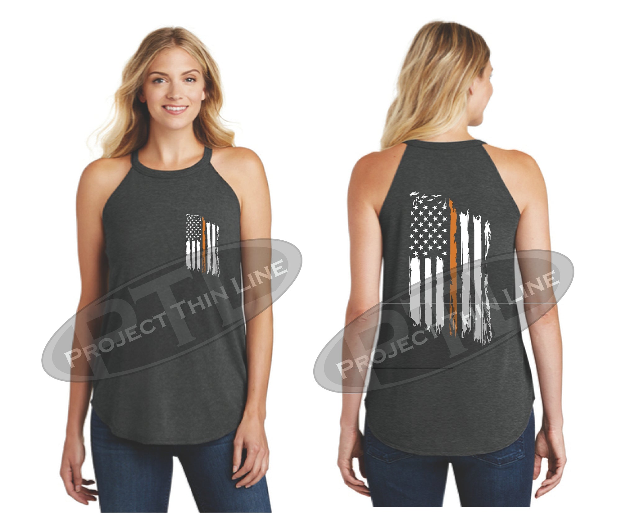 Black Tattered Thin ORANGE Line American Flag Rocker Tank Top
