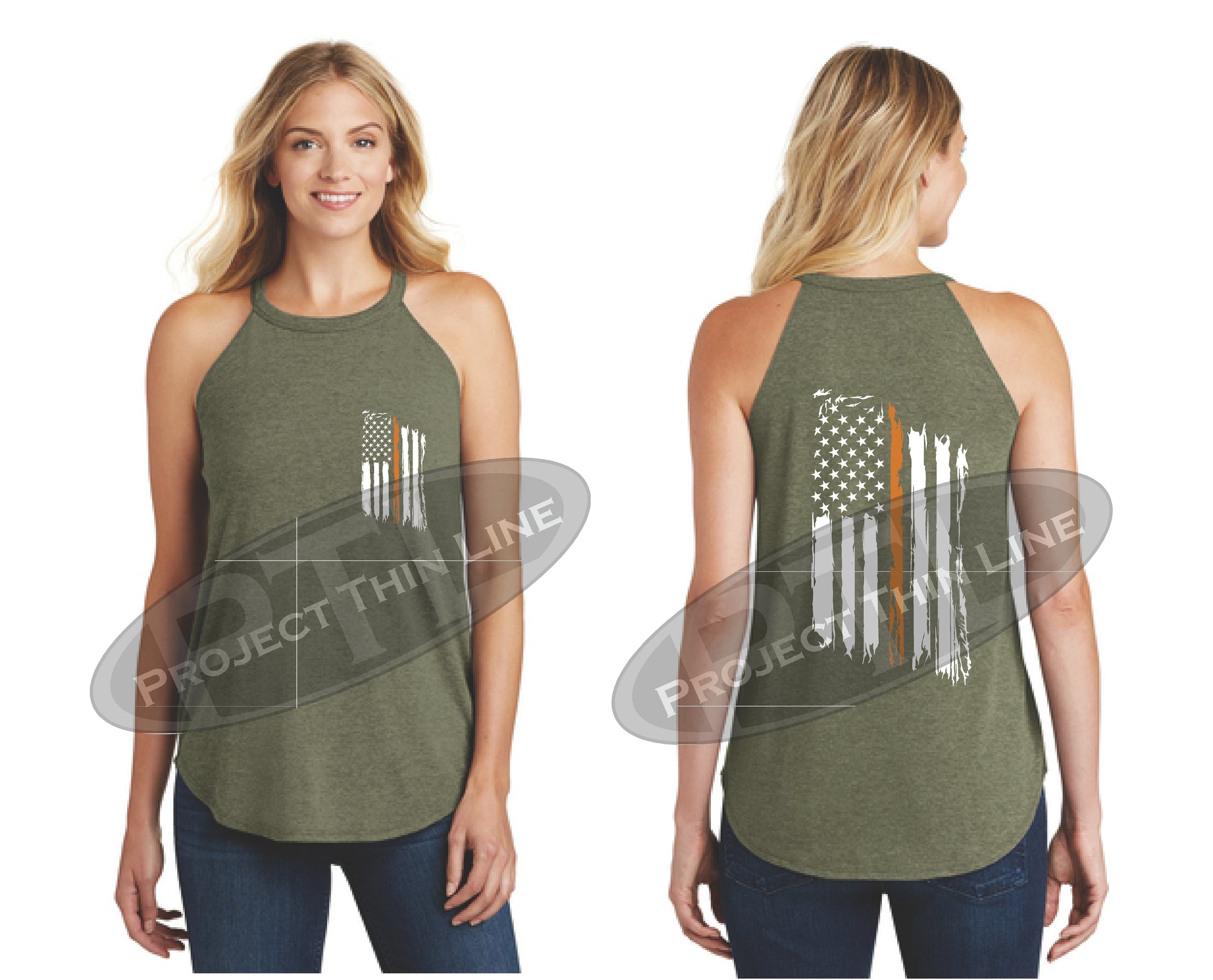 OD Green Tattered Thin ORANGE Line American Flag Rocker Tank Top