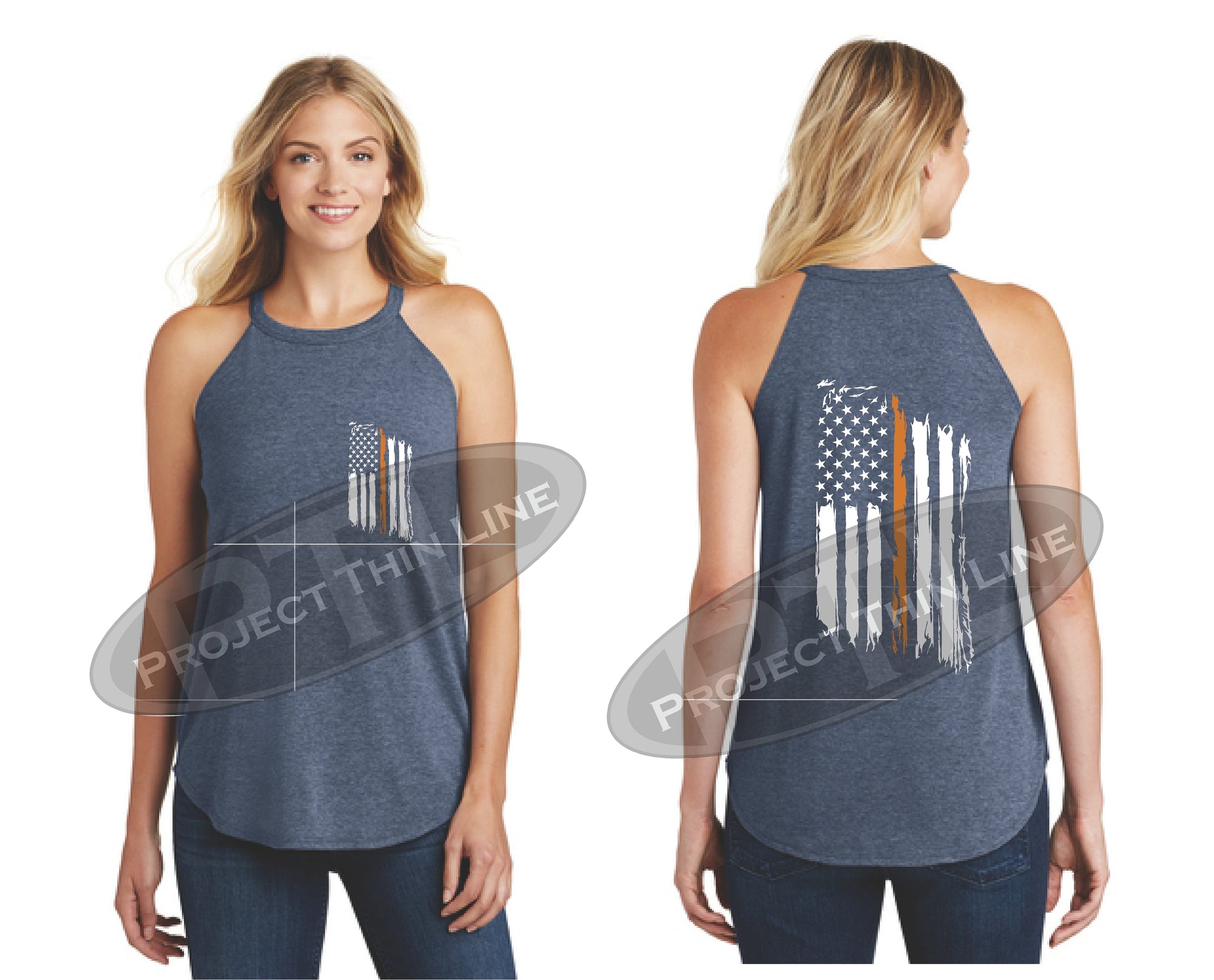 Navy Tattered Thin ORANGE Line American Flag Rocker Tank Top