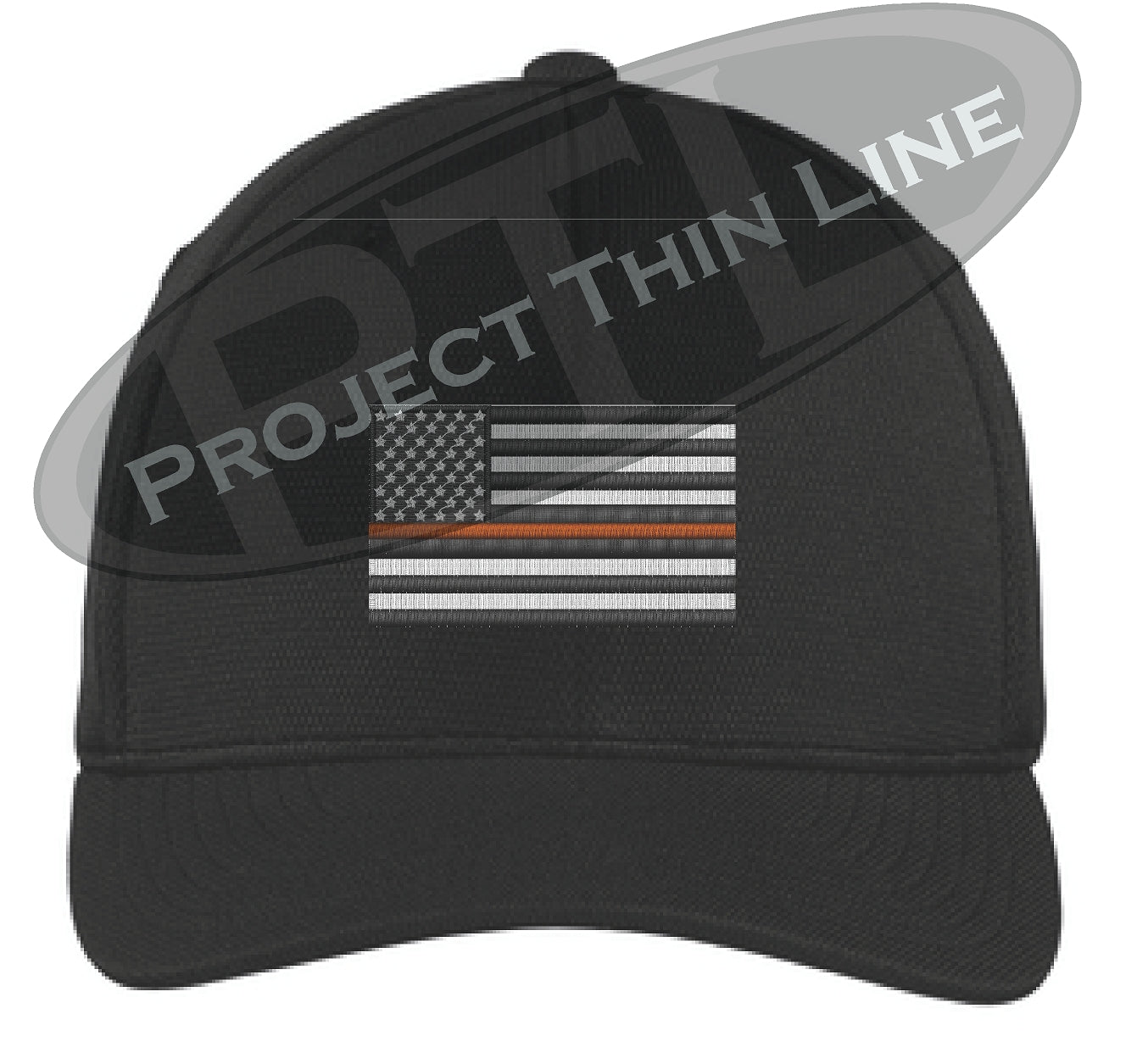 Black Embroidered Thin ORANGE Line American Flag Flex Fit Fitted Baseball Hat