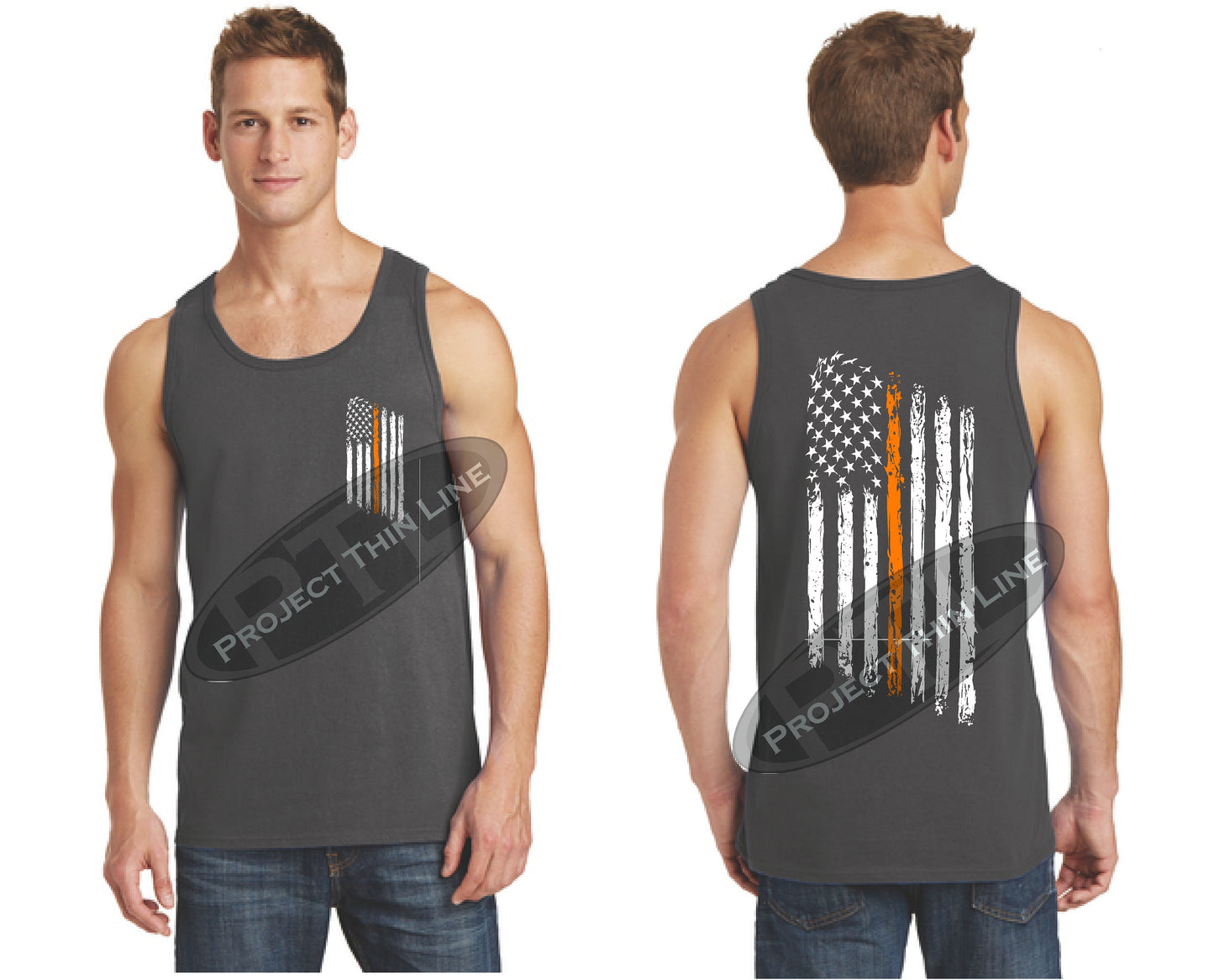 Charcoal Thin ORANGE Line Tattered American Flag Tank Top