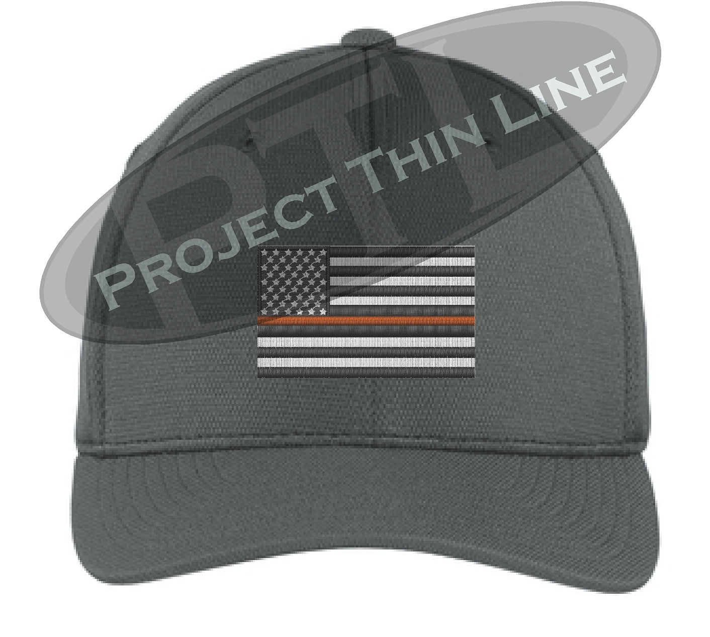 Dark Grey Embroidered Thin ORANGE Line American Flag Flex Fit Fitted Baseball Hat