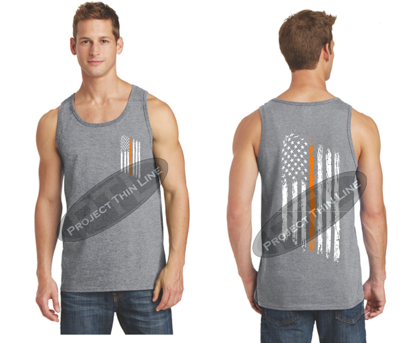 Grey Thin ORANGE Line Tattered American Flag Tank Top