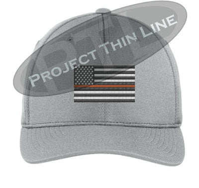 Light Grey Embroidered Thin ORANGE Line American Flag Flex Fit Fitted Baseball Hat