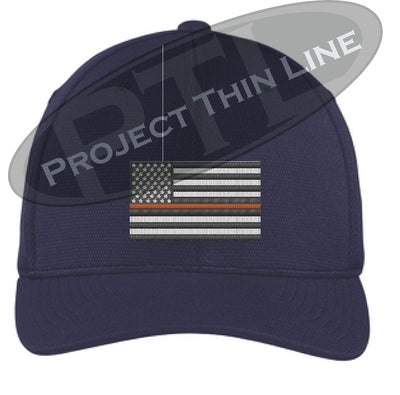 Navy Blue Embroidered Thin ORANGE Line American Flag Flex Fit Fitted Baseball Hat