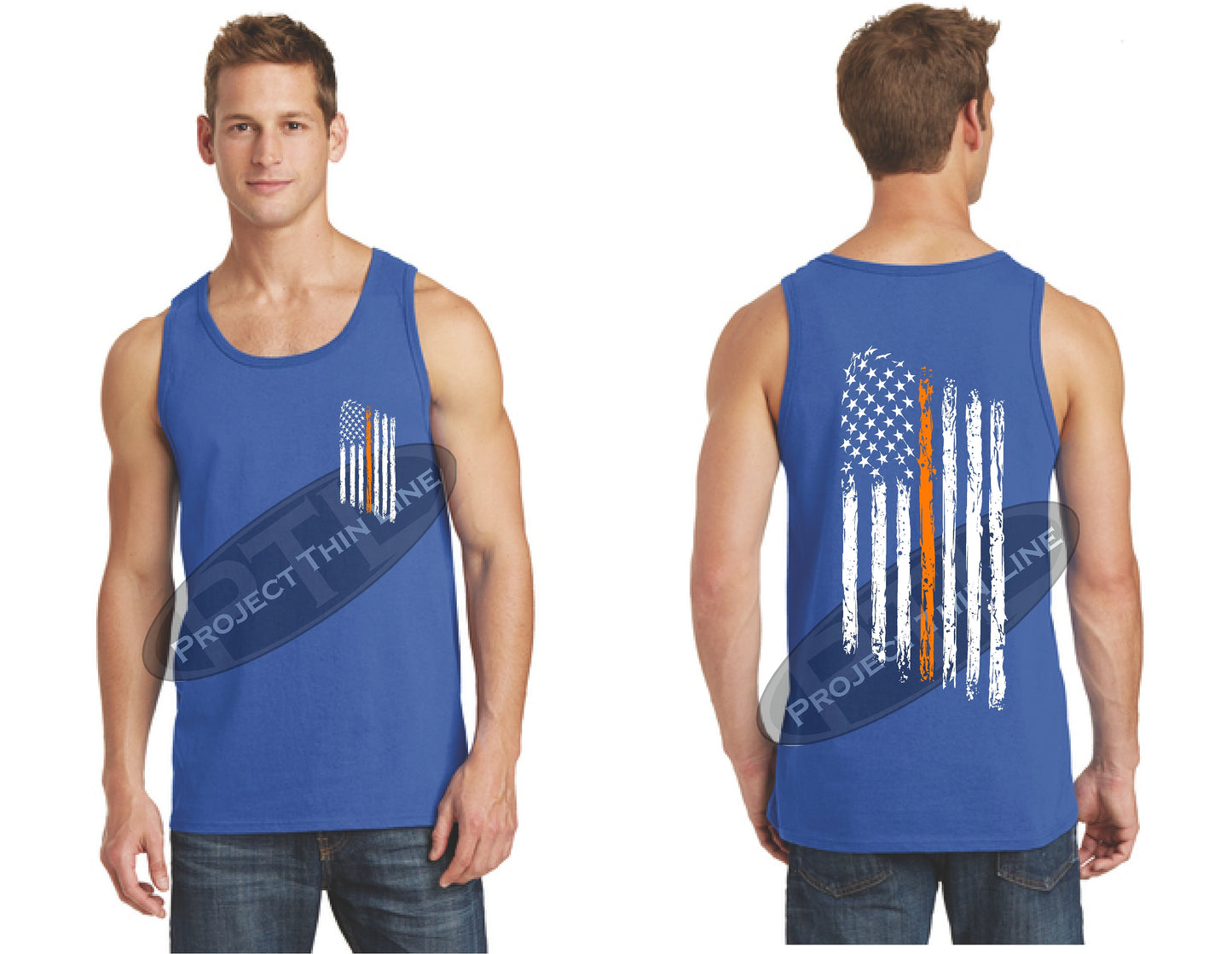 Royal Thin ORANGE Line Tattered American Flag Tank Top